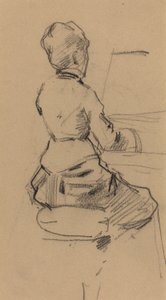 年轻女子坐在钢琴[反面]，1890年（编织纸上的黑色粉笔） 作者 让·路易·佛兰